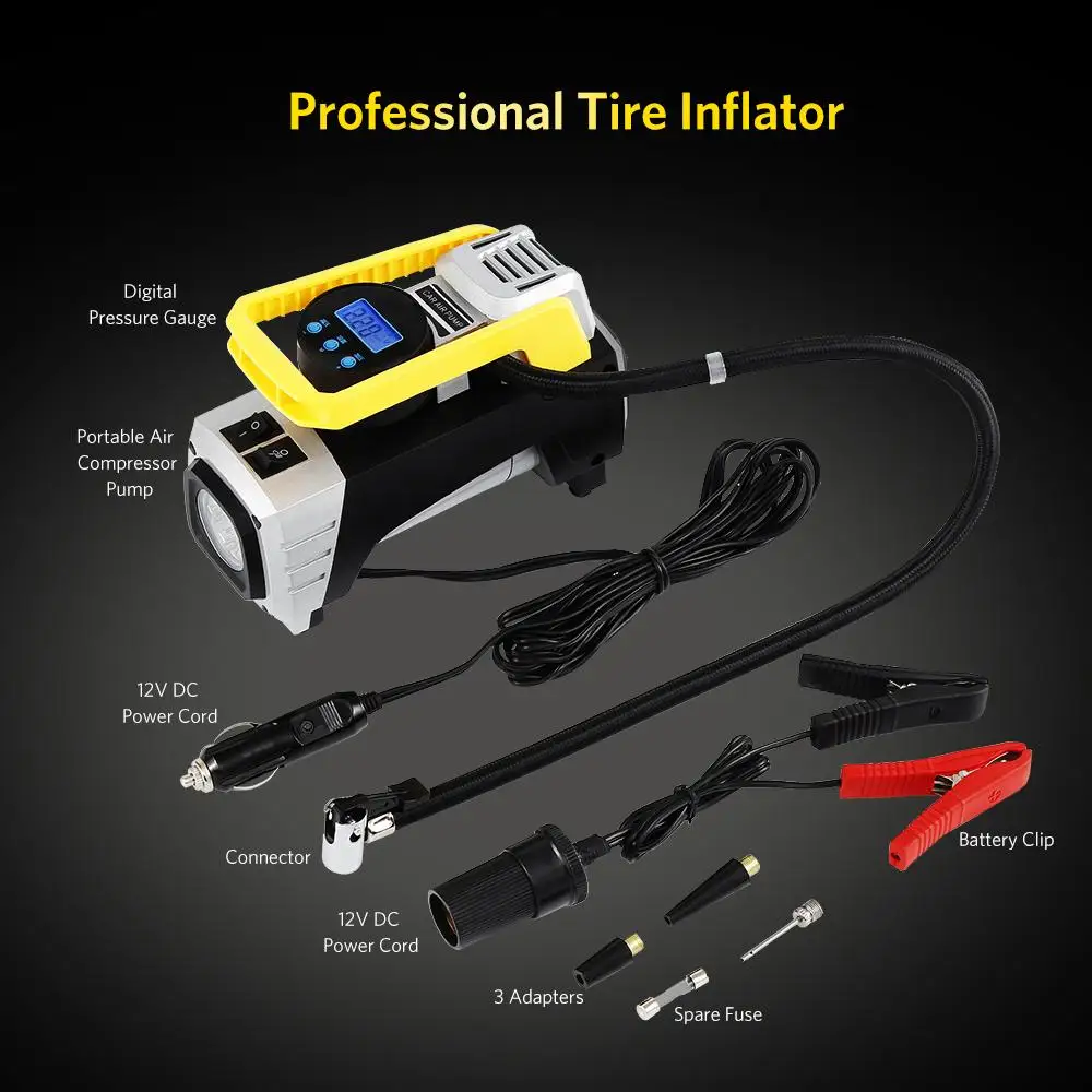 

Portable Car Digital Tire Inflator Electric Air Compressor Pump 12V 150PSI Gauge Display LED Light for Car Motorcycles Bicycles