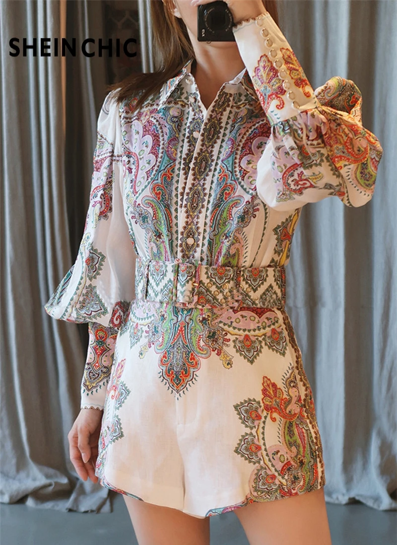 

Runway Summer 2019 Two Piece Set Women Bohemian Vacation Beach Single Breasted Print Tops With Shorts Two piece female sets suit
