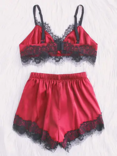 2 шт. Женская Сексуальная атласная пижама с кружевом нижнее белье Babydoll ночная