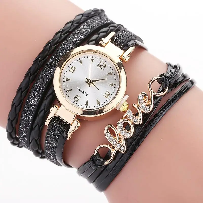Женская Мода Повседневное алмаз PU Watch любовь Форма буквы круглые аналоговые