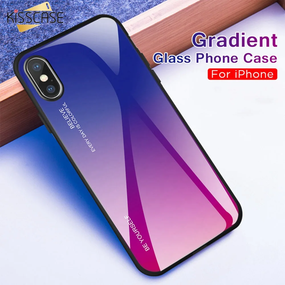 

KISSCASE Tempered Glass case for iPhone 7 8 plus Back covers Gradient Dual Phone bag cases for iPhone X XS 7 8 Protective case
