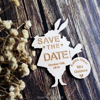 

Wooden White Rabbit Shaped Personalised SAVE THE DATE Magnets Alice Wedding