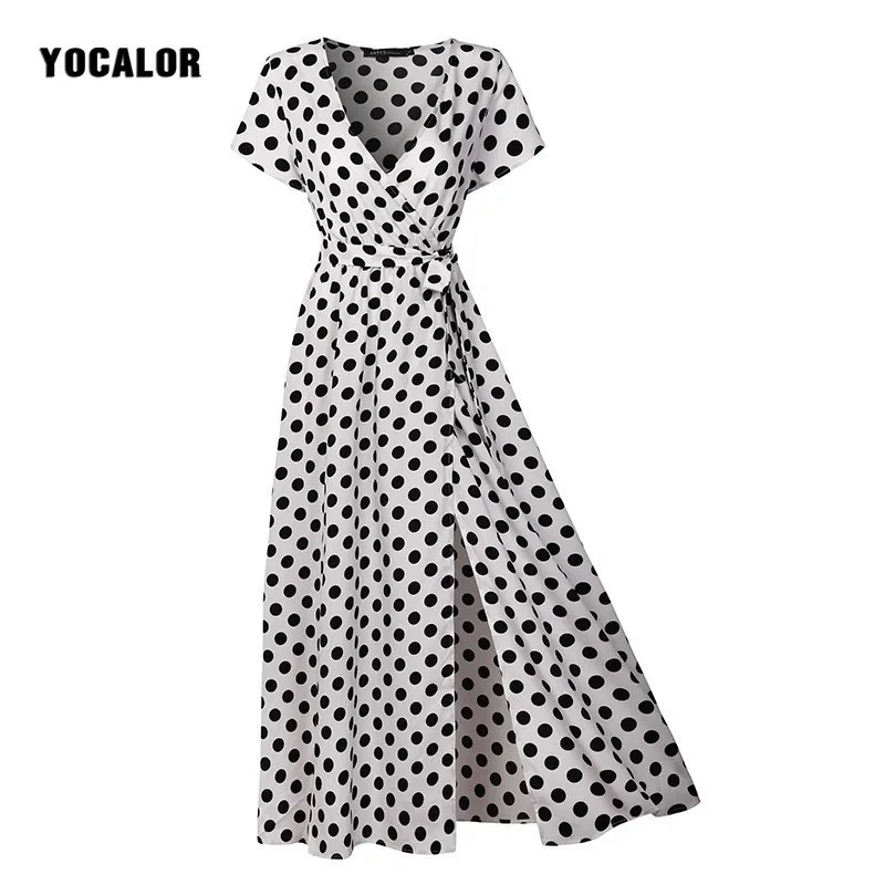 

YOCALOR Women Summer Tea Dress Beach Boho Maxi Long Dress Vintage Polka Dot Sexy V Neck Split Femme Casual Party Dresses Vestido