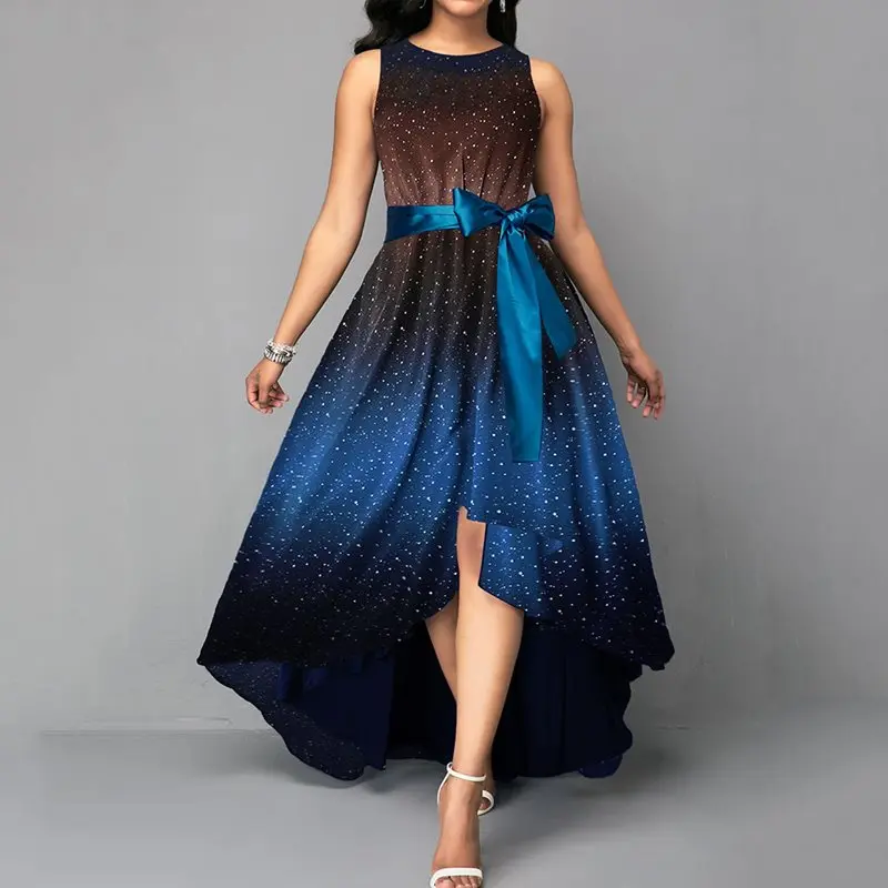 Günstige Elegante Partei Plus Große Große Größe Kleid S 4XL Retro Sommer Frauen Bowknot Blau Druck Asymmetrische High Low Vintage Lange Kleid