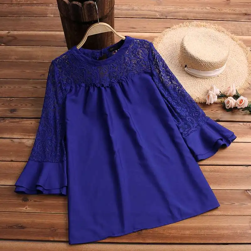 

ZANZEA Women Blouse Sexy Long Flare Sleeve Lace Patchwork Shirt Elegant Solid Blusa Feminina Casual Loose Top Blusas Plus Size
