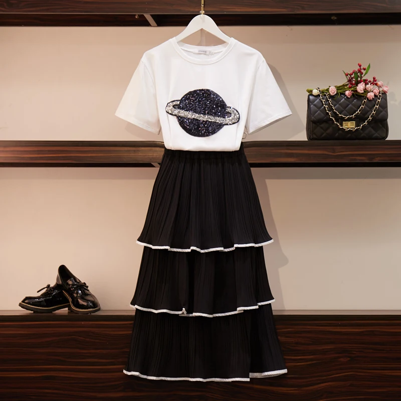 L-4XL Summer Sequined Mesh Skirt 2 Piece set Women Planet Sequins Embroider Short Sleeve Cotton Tshirt + Cake Skirt Set L-4XL Summer Sequined Mesh Skirt 2 Piece set Women Planet Sequins Embroider Short Sleeve Cotton Tshirt + Cake Skirt Set