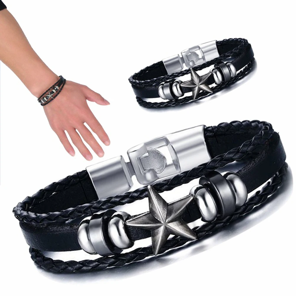

Men's Punk Star Alloy Charm Multilayer Braided Faux Leather Bracelet Jewelry