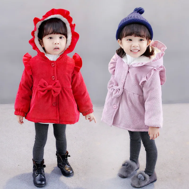 

2018 Fashion Girls Thicken And Pile Large Bows Decorate Corduroy Cotton-padded Jackets