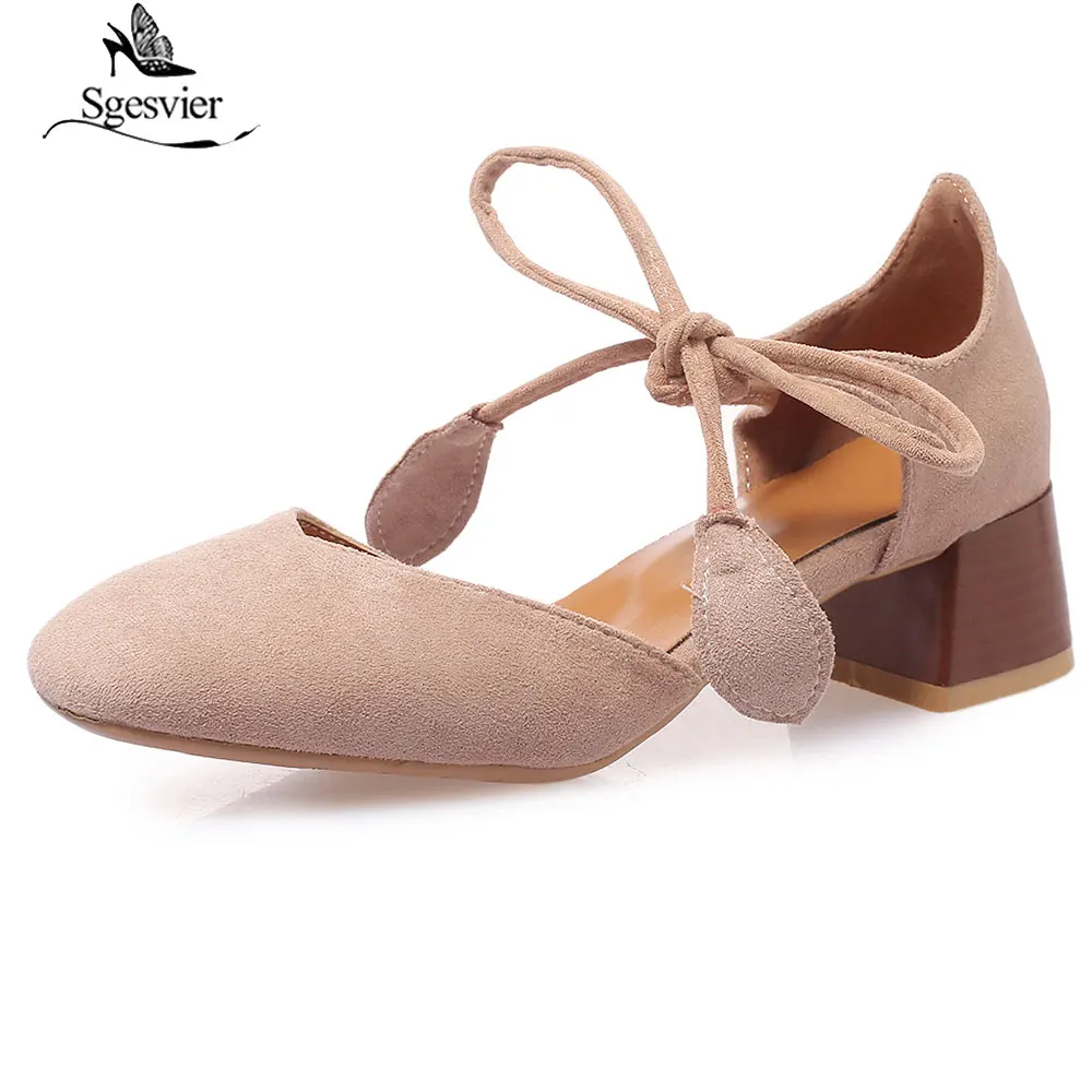 

Sgesvier 2019 New Summer Fashion Women Shoes Flock Lace Up Square Med Heel Elegant Square Toe Ladies Sandals Size 32-43 G104