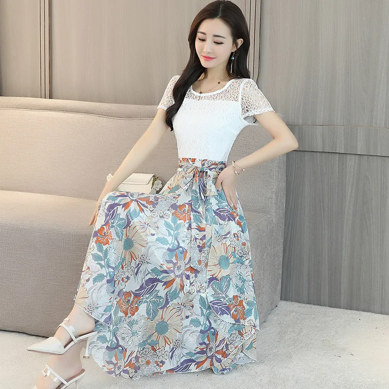 

Fashion Summer Women O Neck Sexy Lace Patchwork Chiffon Dresses Floral Print Party Dress Vestidos Mujer Robes