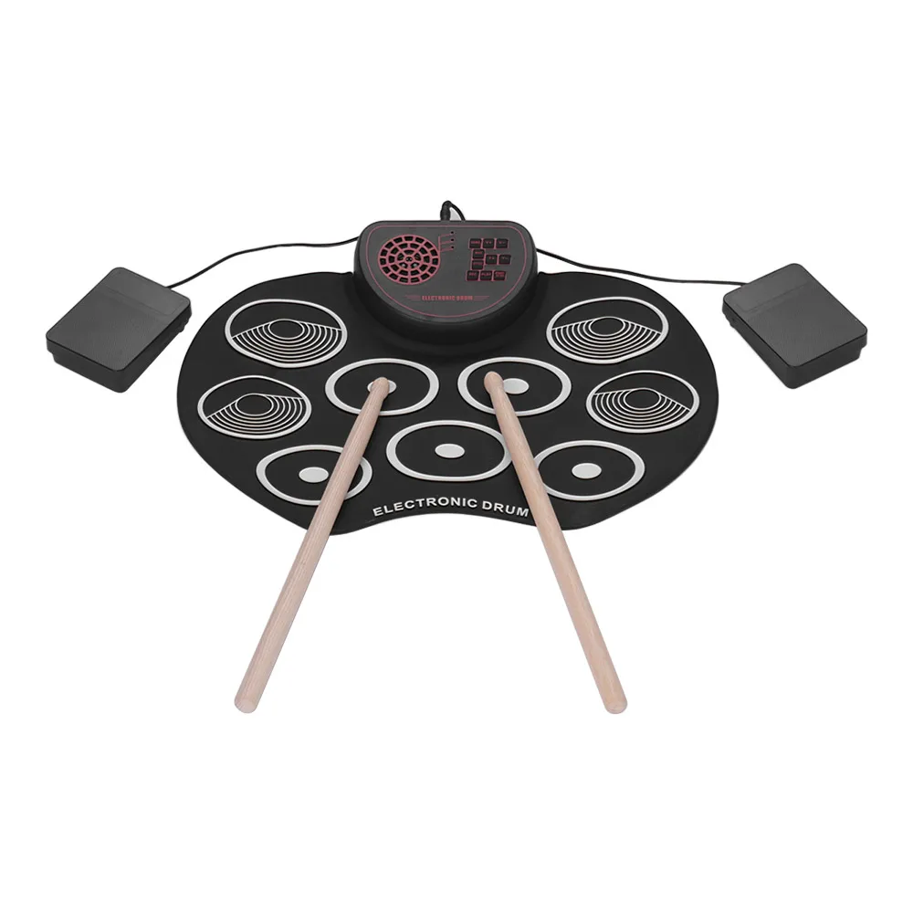 

Portable Electronic Drum Set USB Roll Up Pad Kit 9 Drumpads Built-in Speaker with Sticks Foot Pedals Percussion Instruments