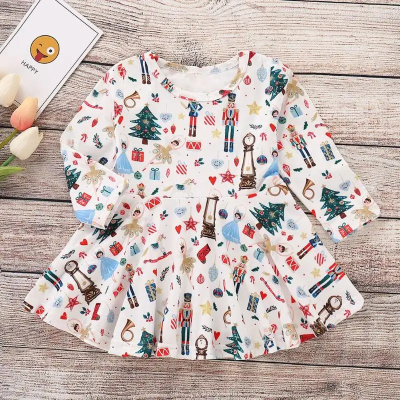 

2019 New Fashion Floral Girls Long Sleeve Dress Christmas Print Swing Dresses Baby Girls Princess Dress New Infant Baby Clothing