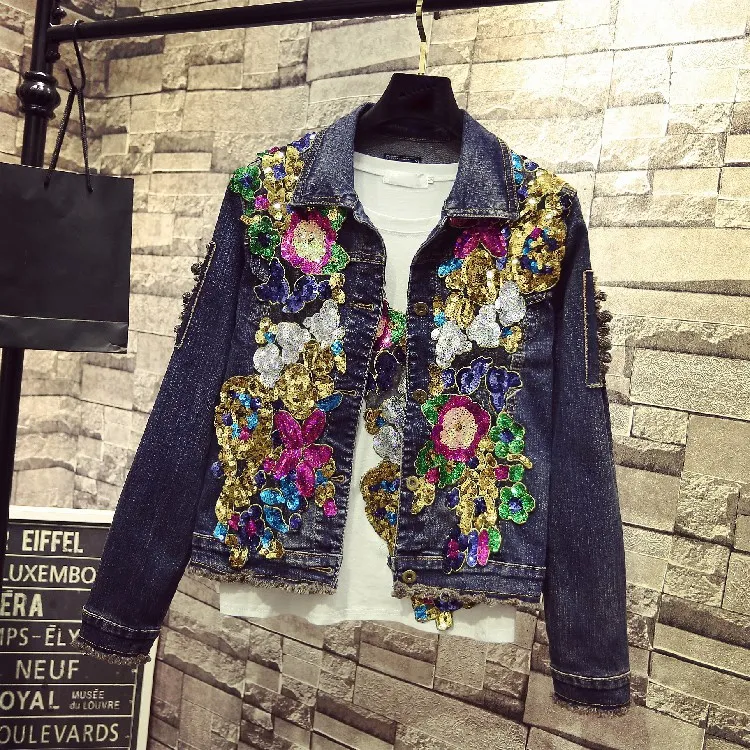 Women Embroidery Rose Floral Denim Jackets Spring Beading Pearl Sequin ...