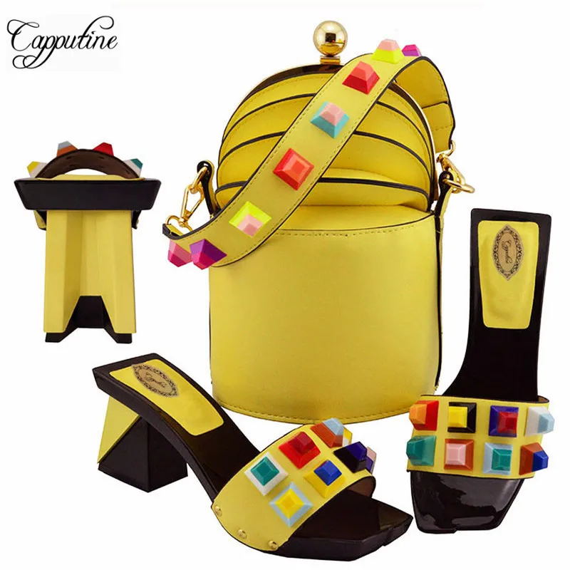 

Capputine Yellow Color PU Italian Woman Shoes And Bag Set Fashion African High Heels Shoes And Bag Set For Party Size 38-43