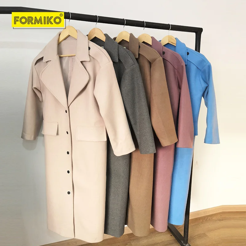 Koop Formiko winter lange losse wollen jas Revers Effen Kleur Pluche Lange Dames Wol Blend all match Jas drukknoop Warm Geul