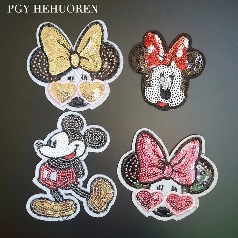 

PGY Cartoon Patches Sequins Mickey Mouse Movie Stars Patch Iron On Patches For Clothing Child clothes Diy Ironing Stickers H