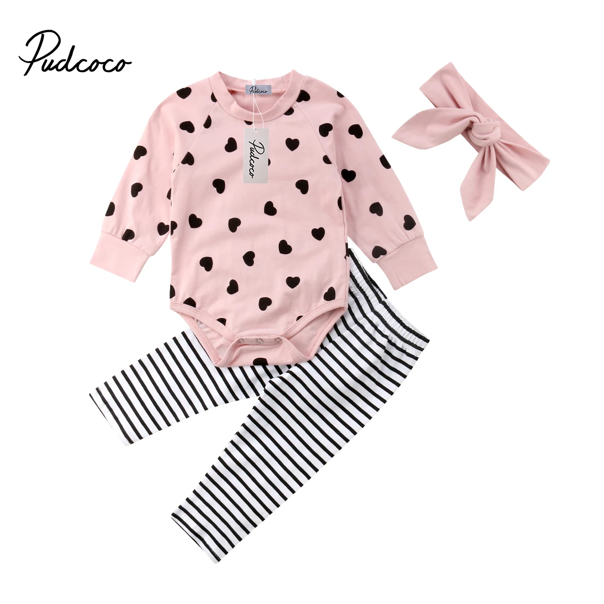 

pudcoco 2019 Baby Girl Clothes Newborn For Female Outfit Infant Clothing Set Headwear+Striped Pants+Heart Romper 0-24 Months