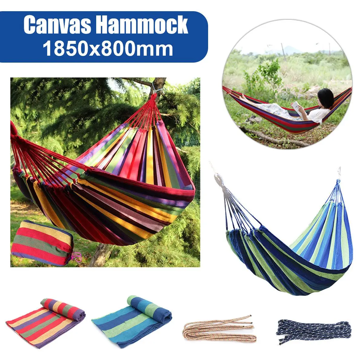 

1900x850mm Rainbow Portable Outdoor Garden Hammock Hang Bed Travel Camping Swing Canvas Stripe with Backpack