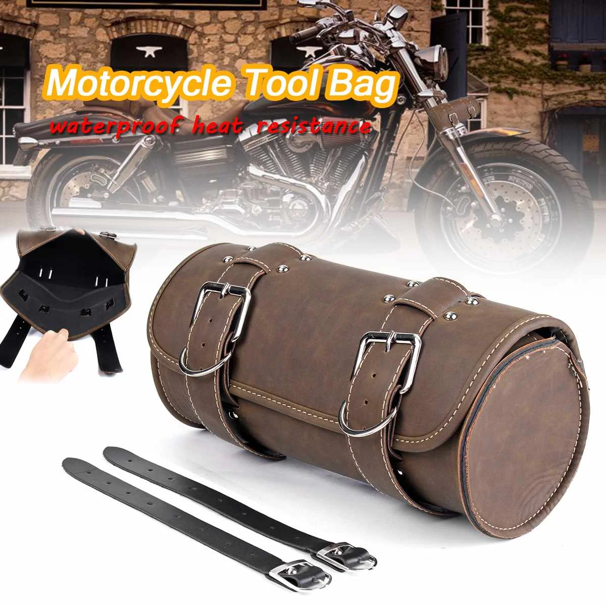 

Motorcycle Saddle Bags Brown Leather Motorbike Side Tool Tail Bag PU Luggage Roll Barrel Storage Bag For Harley Sportster