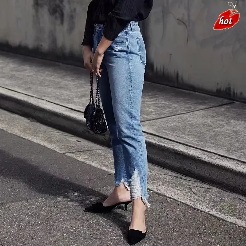 New Women's Trousers Triangular Hole Straight Tube Hair-rimmed Jeans Loose High Waist Denim Boyfriend Harem Pants O8R2 | Женская