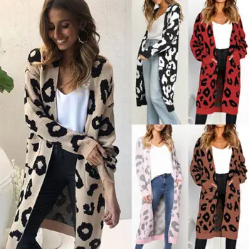 

Womens Winter Leopard Print Cardigan Coat Ladies Knitted Sweater Jumper