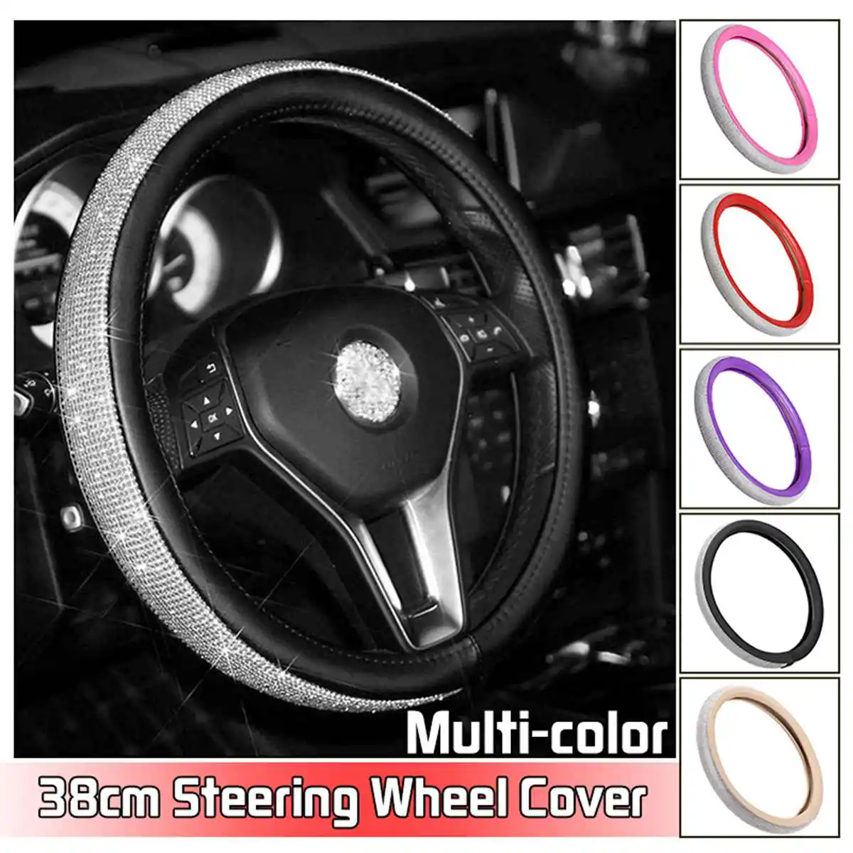 

15'' 38cm Leather Car Auto Steering Wheel Cover With Crystal Rhinestone Auto Car Interior Accessories For Women Girls