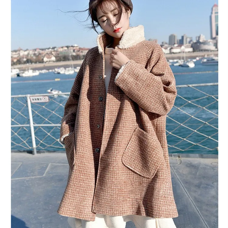 Mode 2018 Nouveau Montant En Agneaux Manteaux Élégant De Col Plaid Kaki Laine Automne Survêtement Manteau Femmes Hiver Cachemire Long uOXPZki