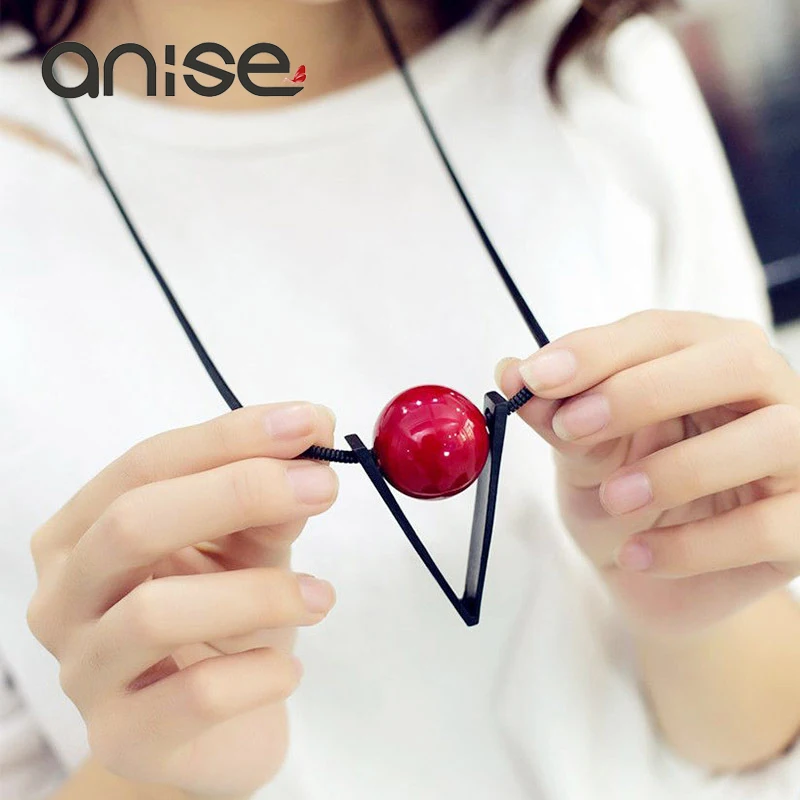 

Anise Retro Exaggeration Female Metal Triangle Geometric Necklaces Red Ball Long Sweater Necklace Christmas Gift
