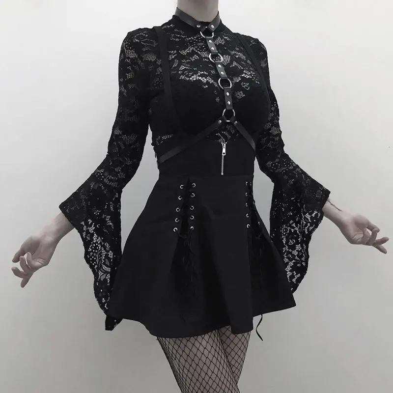 Rosetic Woman Sets Black Two Piece Goth Sexy Lace Bodysuit Rompers A Line Dress Suspender Lace Up See Through Club Wear Girl Set