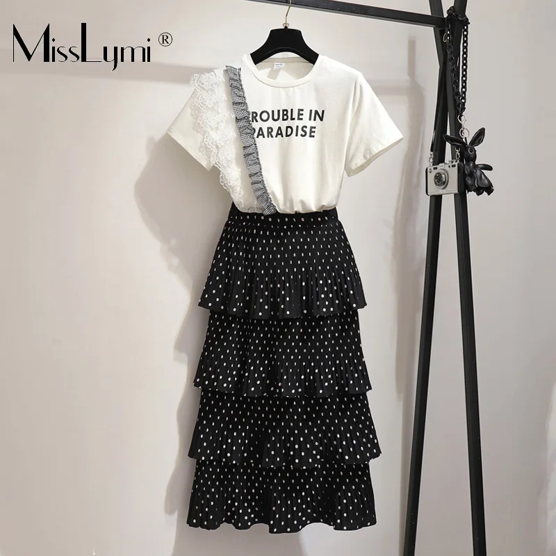 

L-4XL Plus Size Women Summer 2019 Lace Patchwork Short Sleeve Tops and Elastic Waist Polka Dot Pleated Ruffle Skirts Two Piece