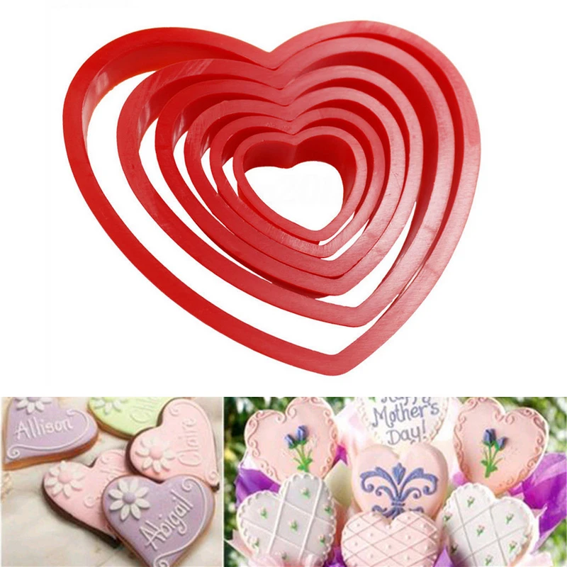 6Pcs/set Red Heart Shaped Cookie Cutter Biscuit Mold Mould Cake Baking Tool Plastic - Image 2