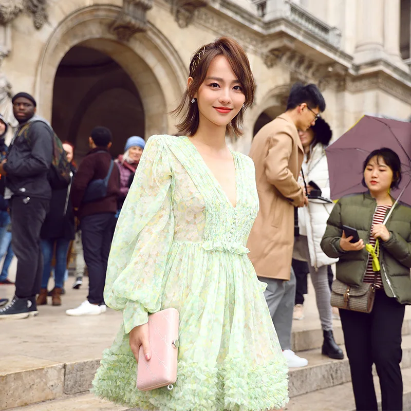 

2019 Summer Sweet Green Flower Women Mini Dress Runway V Neck Lantern Sleeve Female Holiday Party Short Dresses Clothes