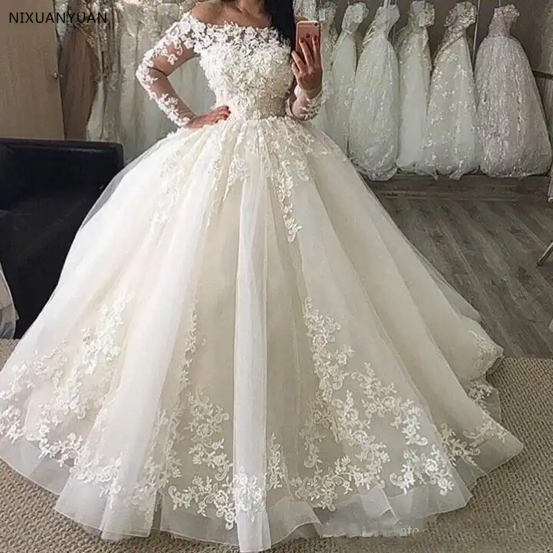 Novedad De 2020 Vestido De Novia Acampanado Vestidos De Novia Con Hombros Descubiertos Mangas Largas De Encaje Apliques Largo Hasta El Suelo De Talla Grande Vestidos Formales De Novia Aliexpress