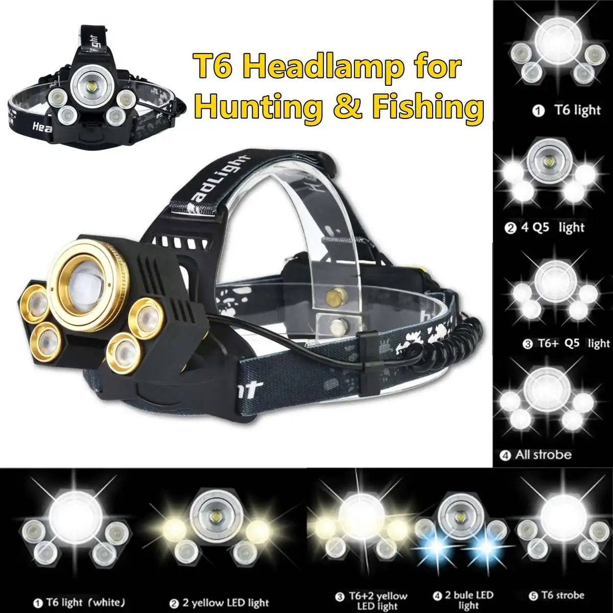 

T6+4*Q5 white light & 3 light Headlamp battery compartment power display function for Hunting & Fishing