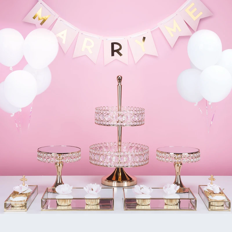 

Gorgeous Crystal Gold Cupcake Stand Mirror 2/3 Tiers Instagram Style For Wedding Party Dessert Cake Table Decoration Cake Tools