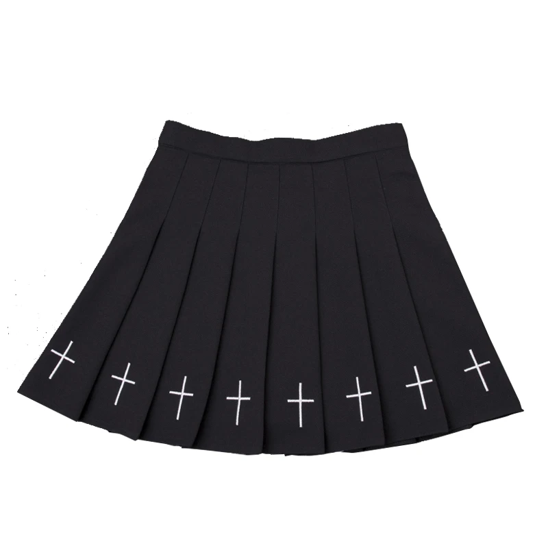 Летняя женская юбка в стиле Харадзюку с вышивкой крестиком в стиле панк, плиссированная мини-юбка для готических девушек