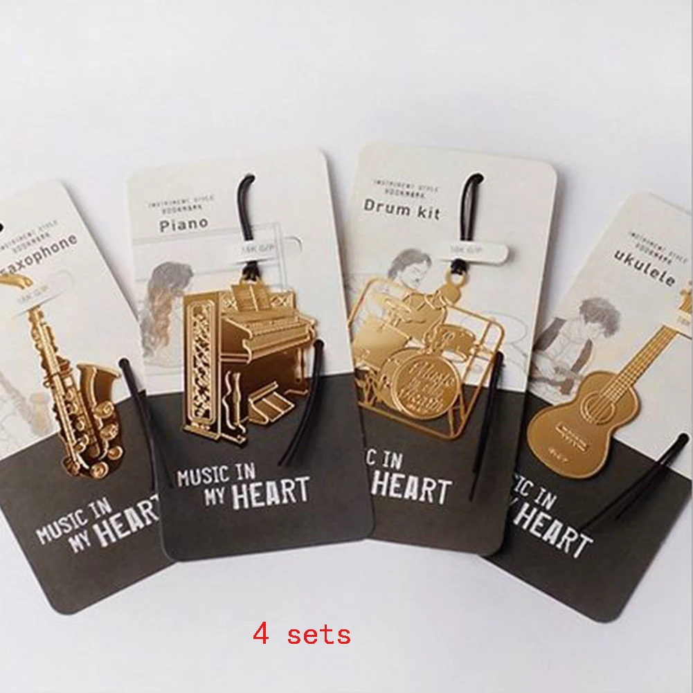 

Hot Sale 4pcs/set DIY Multifunction Party Gift Vintage gold Musical Instrument Designs Metal Bookmark