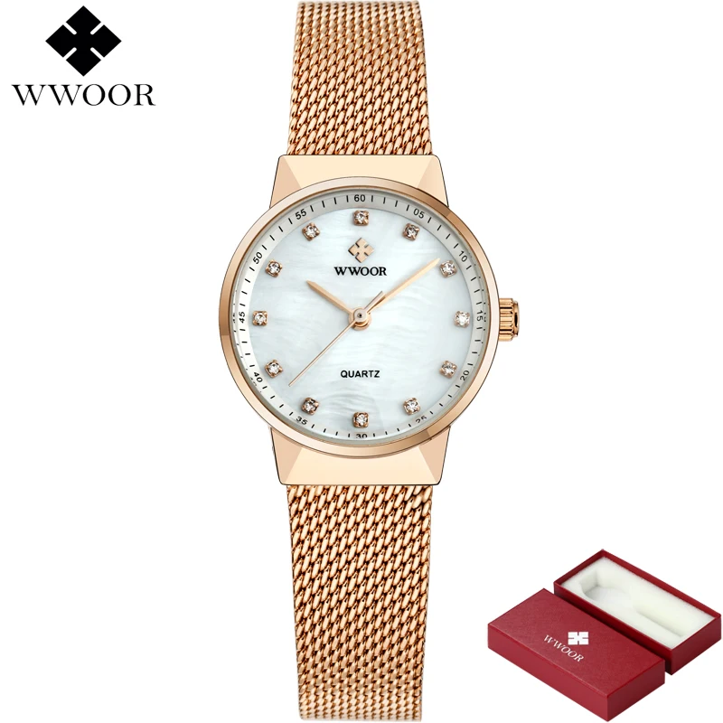 

WWOOR Women Waterproof Quartz Watch Women Rose Gold Small Clock Ladies Brand Luxury Steel Mesh Bracelet Dress Wrist Watch Female