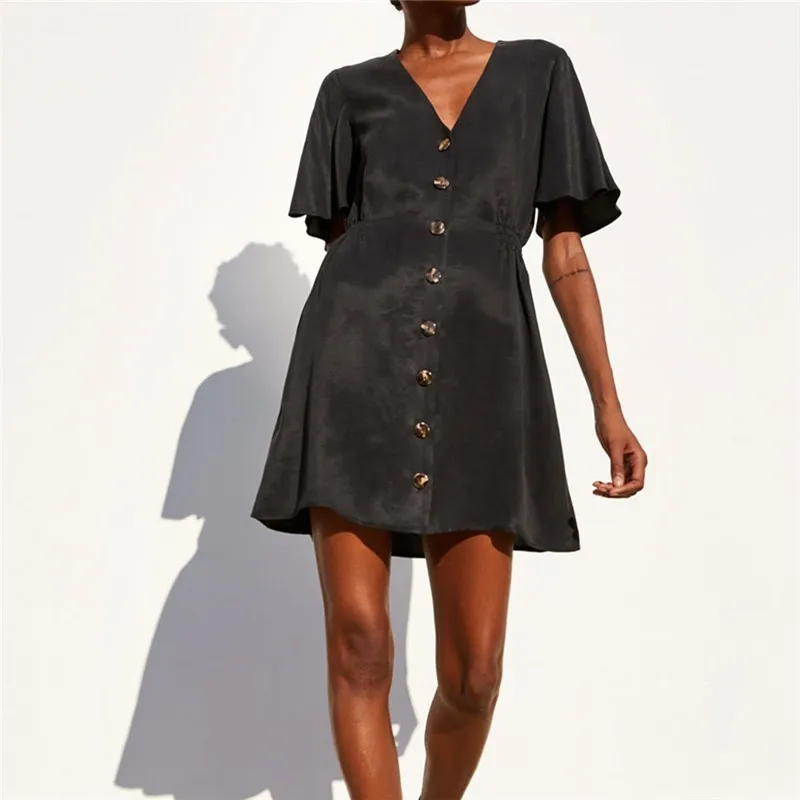 

Original Brand Black Summer Short Shirt Dress V-neck Short Sleeve Button Shirt Dress Sexy Beach Style Causal Dress Outwear