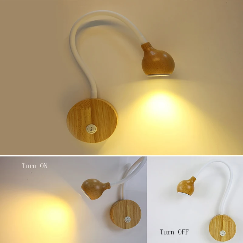 Скандинавский деревянный настенный светильник с гибкой трубкой, прикроватный светодиодный светильник для чтения кровати, регулируемый на 360 градусов деревянный настенный светильник для гостиной и спальни