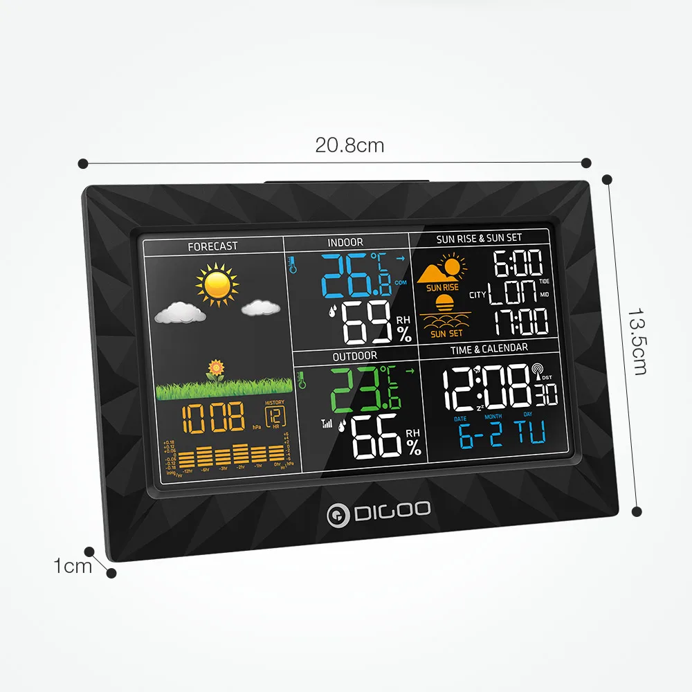 DIGOO DG-TH8988 ЖК-дисплей цвет Крытый Открытый Метеостанция+ Дистанционный датчик термометр Повтор часы рассвет закат дисплей