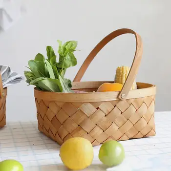 

Wood Chip Weaving Flower Basket Houseware Storage Vegetable Fruit Basket Picnic Basket With Handle Woven Basket