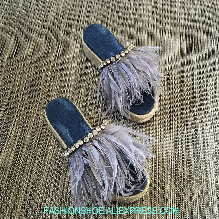 

Summer Blue Feather Fringe Women Fashion Dark Blue Denim Sandals Open Toe Luxury Crystal Ladies Platform Slides Braid Bottom