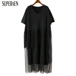 SuperAen кружева шить v-образным вырезом большого размера платье Новинки для женщин 2019 летнее платье с короткими рукавами женский Нерегулярные