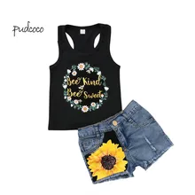 Pudcoco/Новинка; брендовая одежда для маленьких девочек; комплект из 2 предметов: футболка с цветочным принтом+ джинсовые шорты