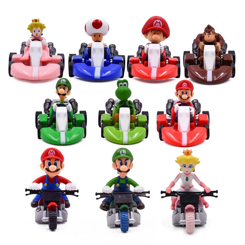 10 Styles/set Anime Figura Super Mario Bros Kart Pull Back Car Cute PVC Action Figure Doll Collectible Model Baby Toy For Kids