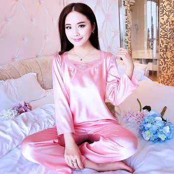 

Lace Imitate Real Silk Sexy Long Sleeve Pajamas Woman Suit Home Wear