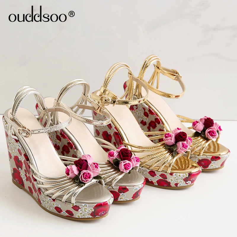 

ODS 2019 Leather Platform Wedge Sandals With Flower Printing Ankle Buckle Gold Women Shoes High Heel 11cm Classic Casual Shoes