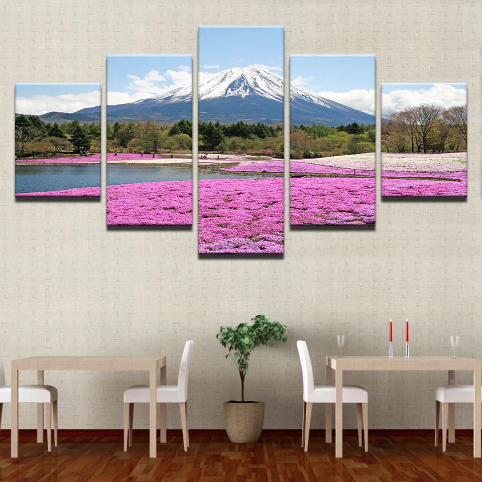 

Home Wall Art Decor Pictures HD Prints Posters 5 Pieces Mount Fuji Snow Mountain Pink Flowers Sea Landscape Paintings Framework