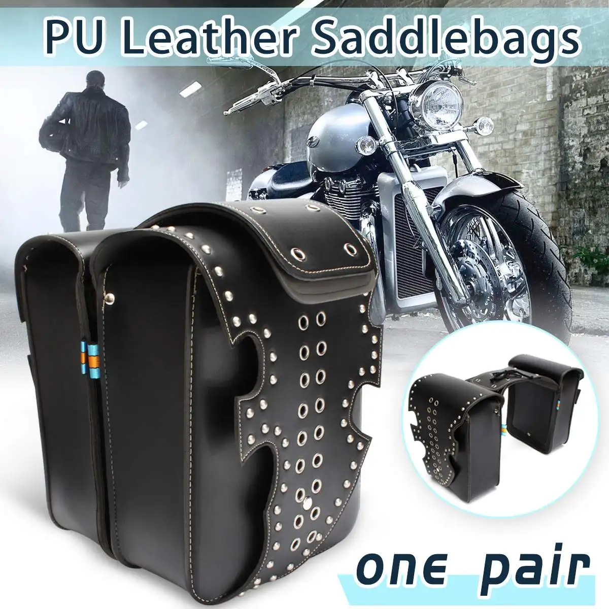 

2pcs Motorcycle Side Saddle Bag PU Leather Luggage Saddlebag Storage Tool Pouch Black For Harley Davidson